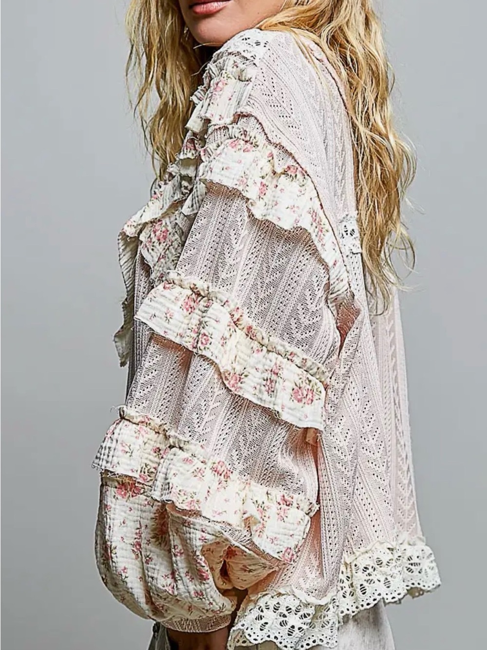 NEW Curated POL SET : Romantic Pink Floral Lace Ruffle Top & Cream Lace Pant - Picture 6 of 9